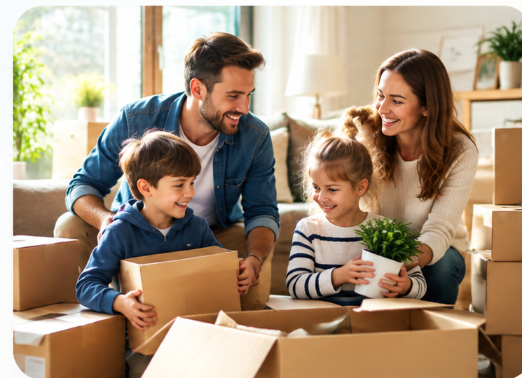 Jeune famille heureuse déballant des cartons dans son nouveau logement